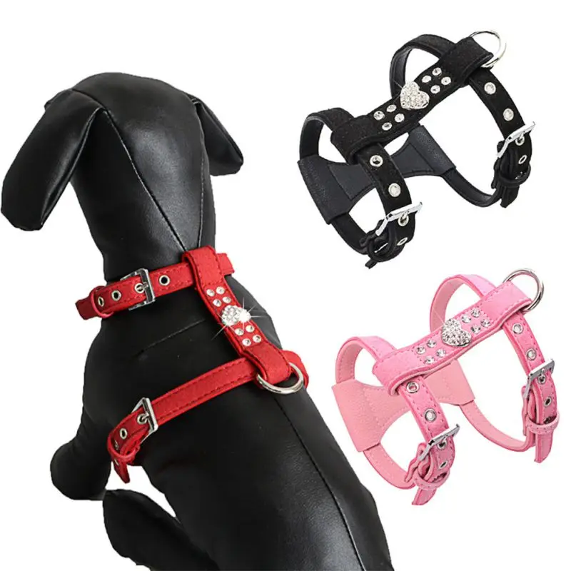 Pet Chest Strap Shining Rhinestone Heart design Vest Harnesses Dog Collar Small Dog Puppy Cat Leather Leash Pet Supplies