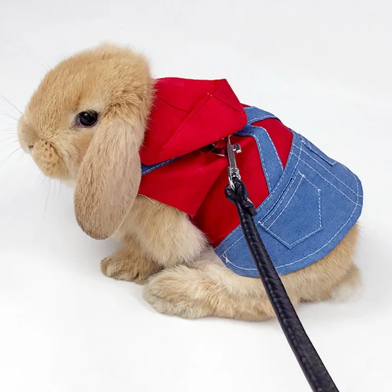 Rabbit Clothes Denim Jacket Coat Pet Small Animal Harness Leash Vest  Hat Set  Ferret Bunny Hamster Small Pet Supplies