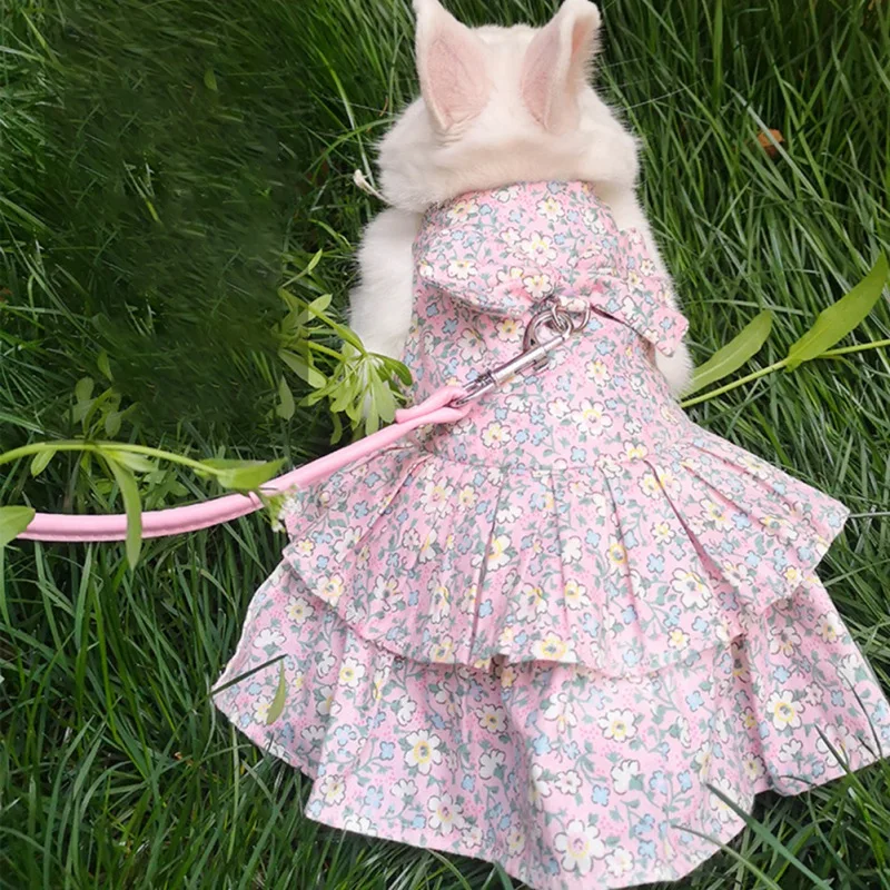 Cute Bunny Dress Pet Vest Accessories Outdoor Leash Rabbit Floral Harness Leash Set Clothes Harness For Rabbit Ferret Piggies