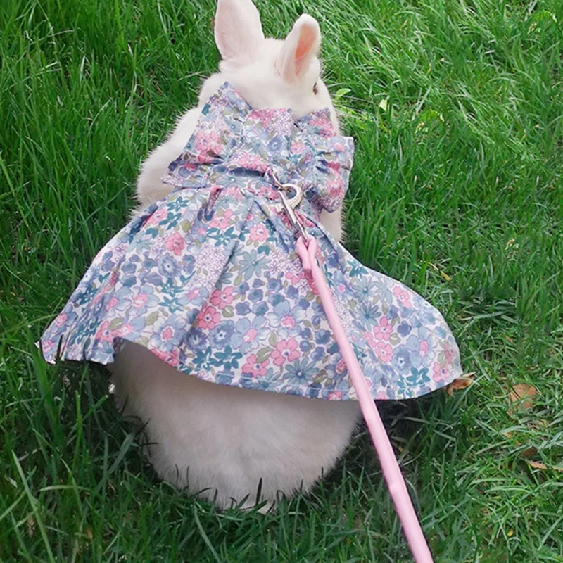 Cute Bunny Dress Pet Vest Accessories Outdoor Leash Rabbit Floral Harness Leash Set Clothes Harness For Rabbit Ferret Piggies