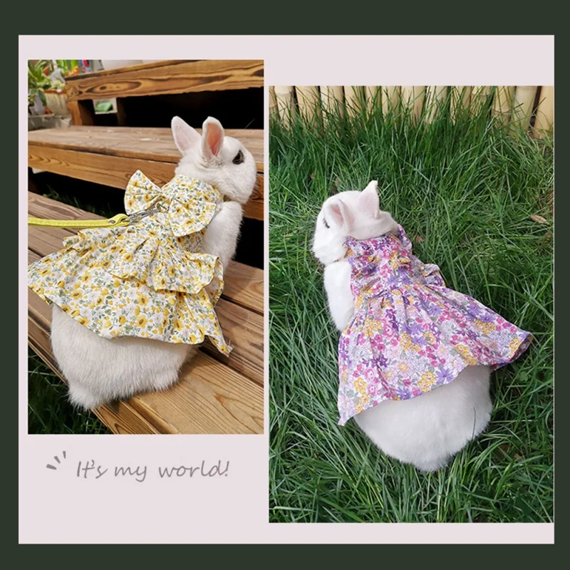 Cute Bunny Dress Pet Vest Accessories Outdoor Leash Rabbit Floral Harness Leash Set Clothes Harness For Rabbit Ferret Piggies