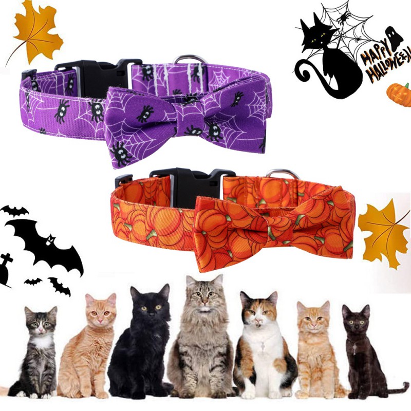 Halloween Cat Dog Collar Adjustable Safety Pet Pumpkin Printed Collar With Cute Breakaway Bow Tie And Bell For Kitten Puppy