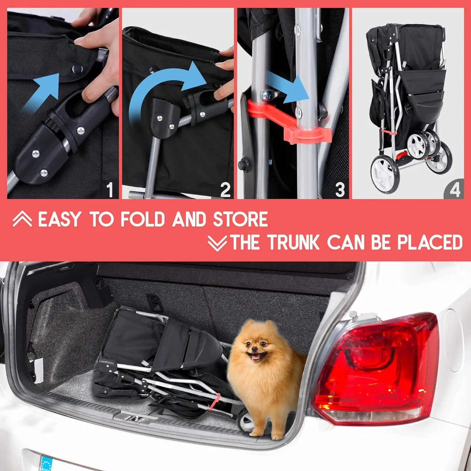 Foldable Pet Stroller, Cat/Dog Stroller with 3 Wheel, Pet Strolling Cart, Dog Travel Carrier with Storage Basket + Cup Holder