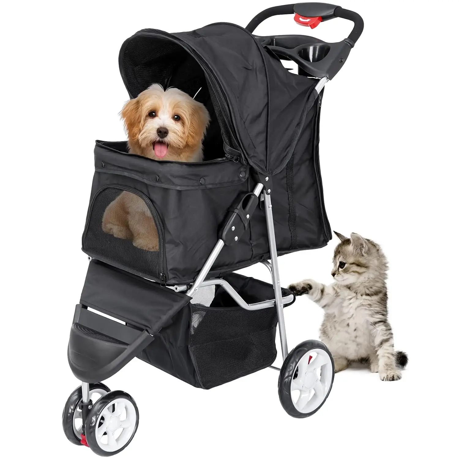 Foldable Pet Stroller, Cat/Dog Stroller with 3 Wheel, Pet Strolling Cart, Dog Travel Carrier with Storage Basket + Cup Holder