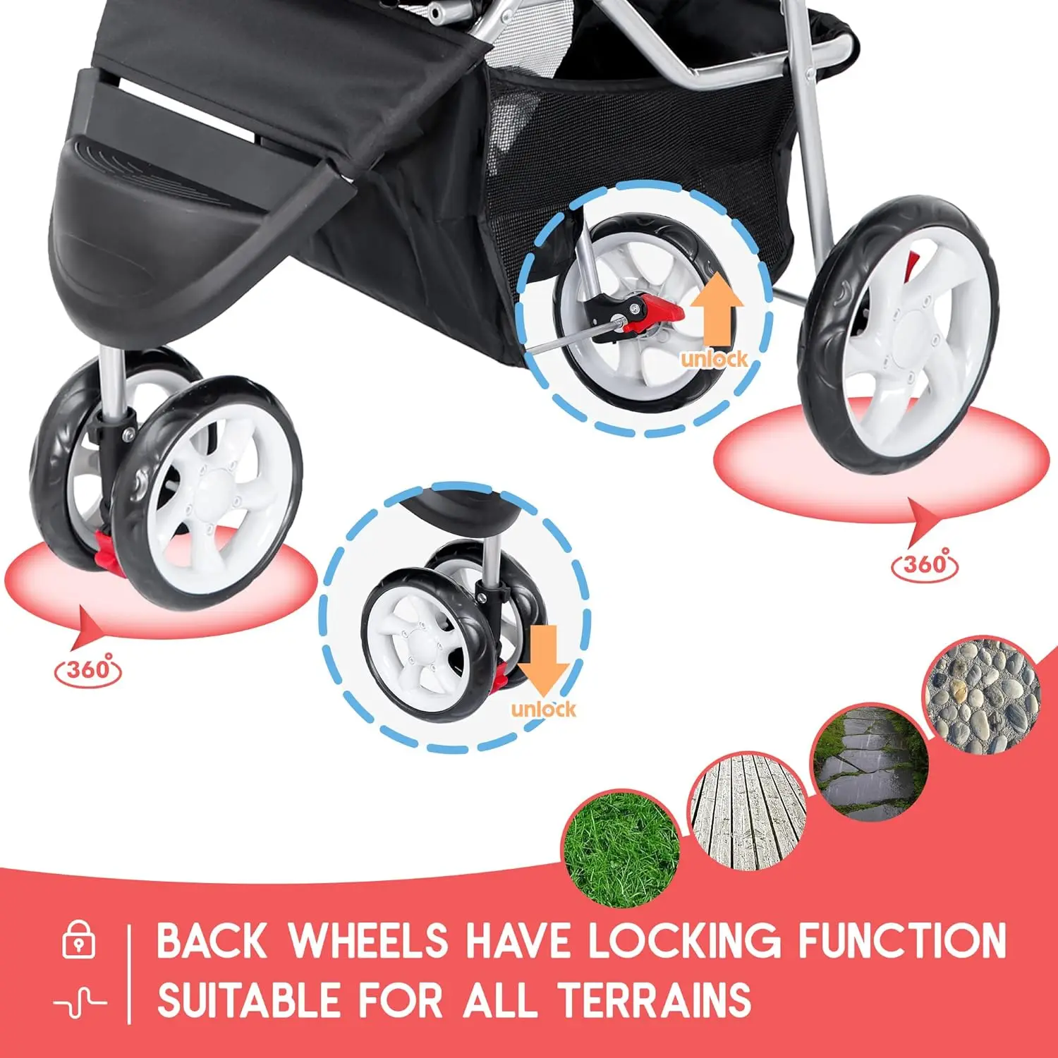 Foldable Pet Stroller, Cat/Dog Stroller with 3 Wheel, Pet Strolling Cart, Dog Travel Carrier with Storage Basket + Cup Holder