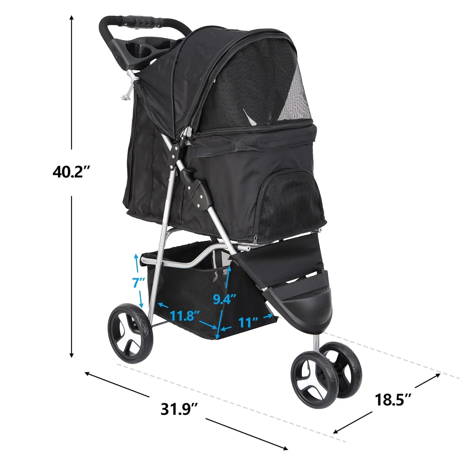 Foldable Pet Stroller, Cat/Dog Stroller with 3 Wheel, Pet Strolling Cart, Dog Travel Carrier with Storage Basket + Cup Holder