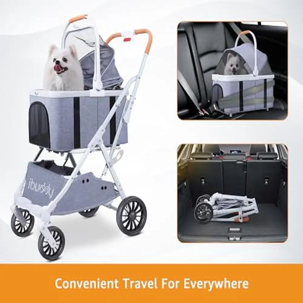 Pet Stroller Dog Cat 4-in-1 Travel Carrier Car Seat Non-Zip Airless Tires Cup Holder Lightweight Foldable Canopy Rotating Wheel