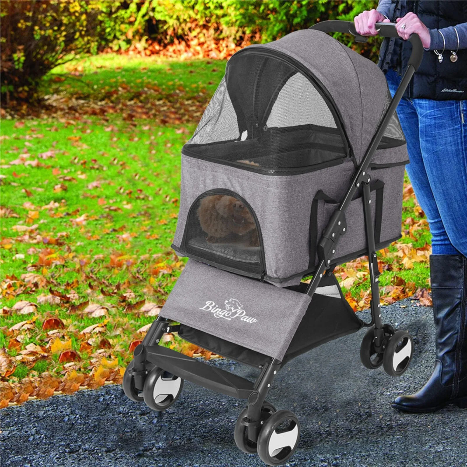 US 4 Wheel Detachable Foldable Pet Stroller Dog Cat Pram Carrier Car Seat Max 66LBS