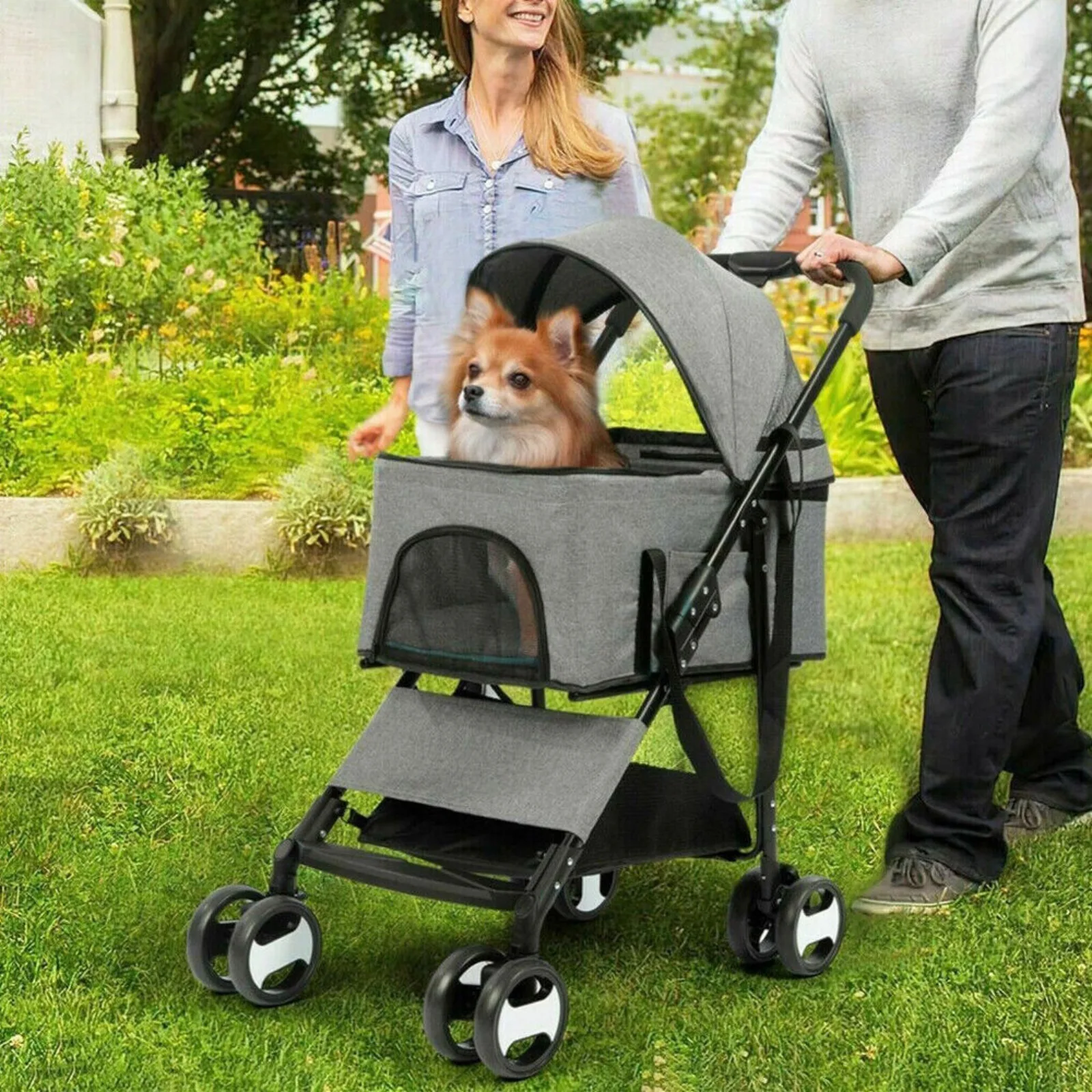 US 4 Wheel Detachable Foldable Pet Stroller Dog Cat Pram Carrier Car Seat Max 66LBS