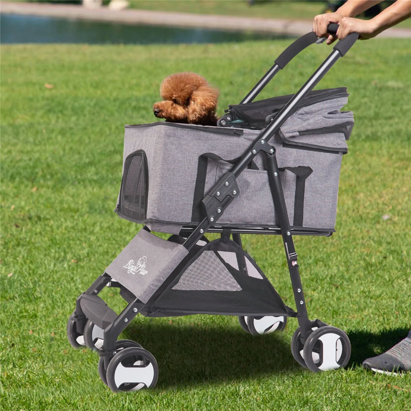 US 4 Wheel Detachable Foldable Pet Stroller Dog Cat Pram Carrier Car Seat Max 66LBS