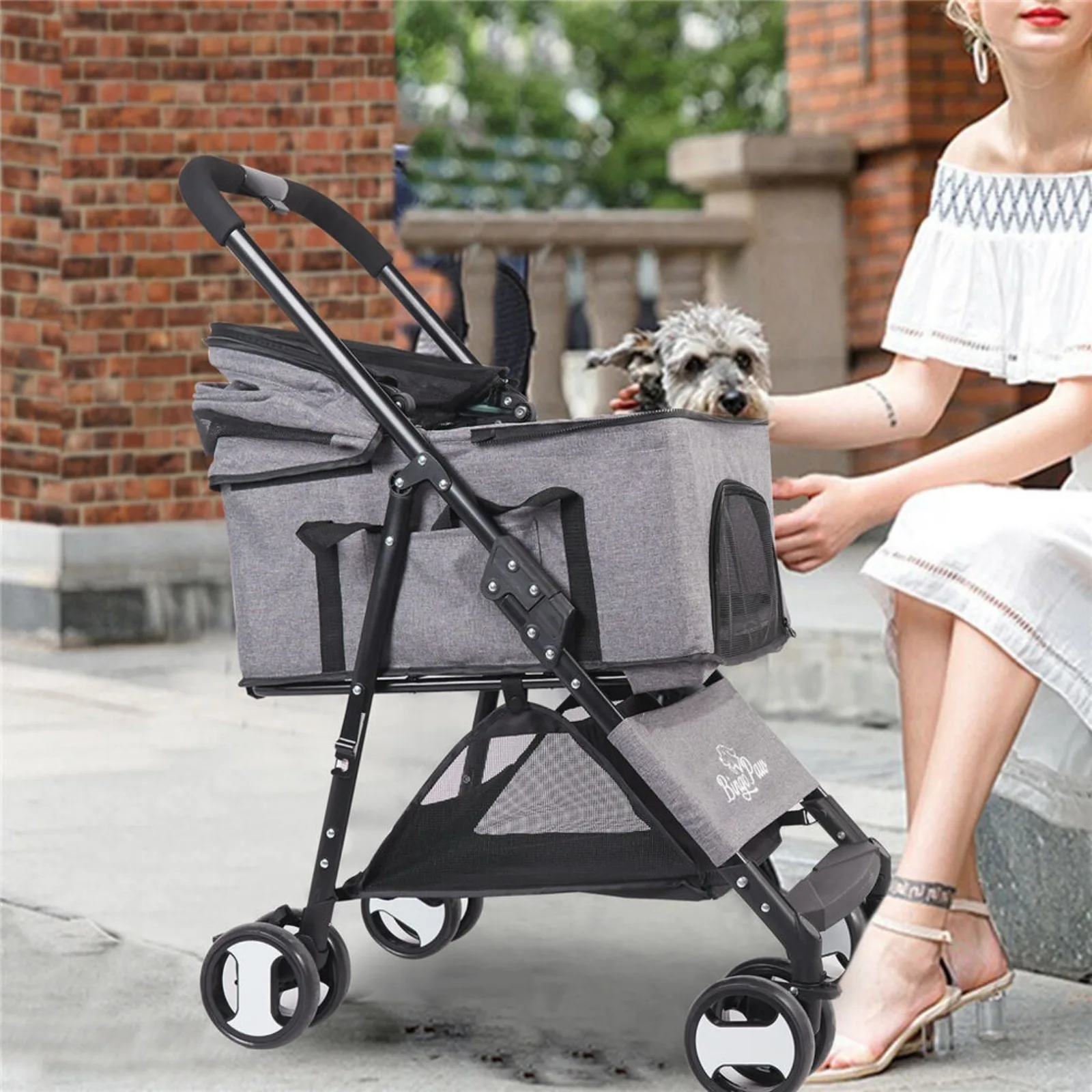 US 4 Wheel Detachable Foldable Pet Stroller Dog Cat Pram Carrier Car Seat Max 66LBS