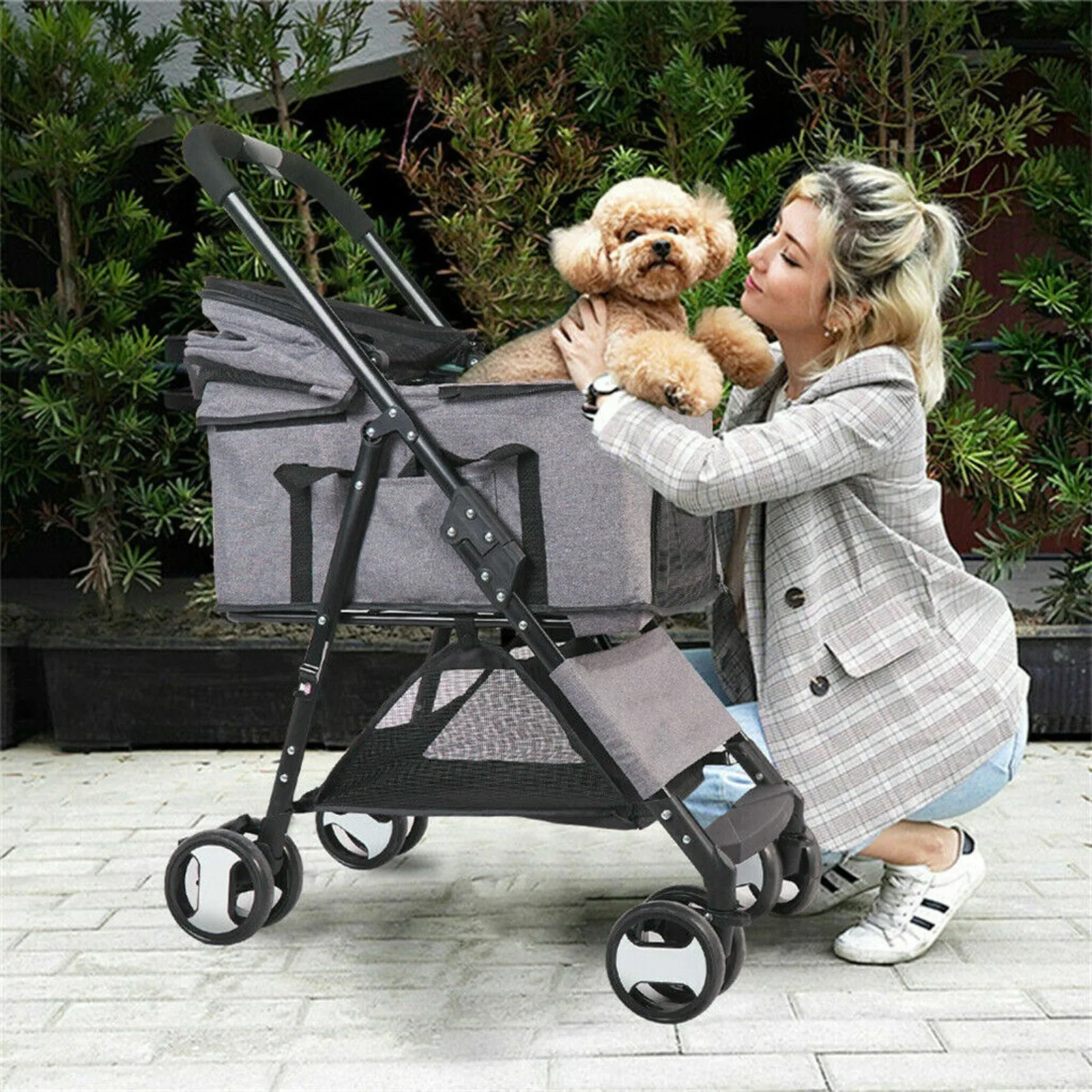 US 4 Wheel Detachable Foldable Pet Stroller Dog Cat Pram Carrier Car Seat Max 66LBS