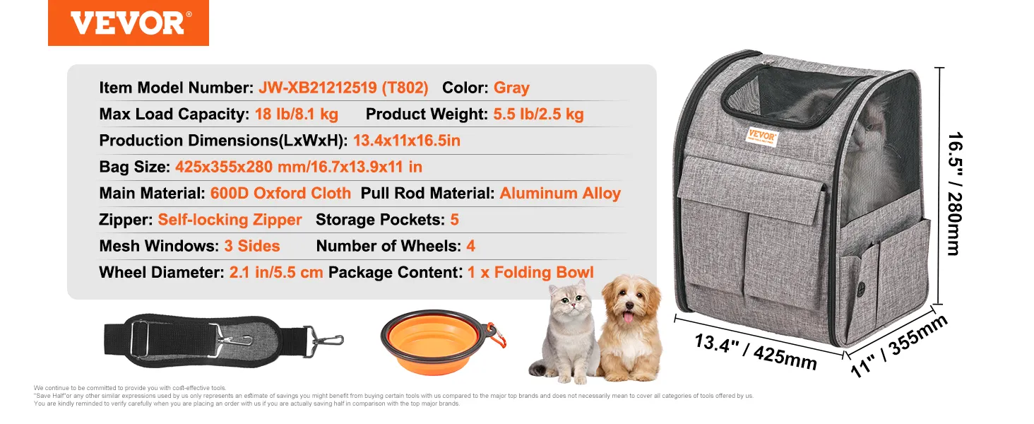 Dog Carrier with Wheels for Pets under 18 lbs VEVOR Cat Carrier with Wheels Grey with 1 Folding Bowl