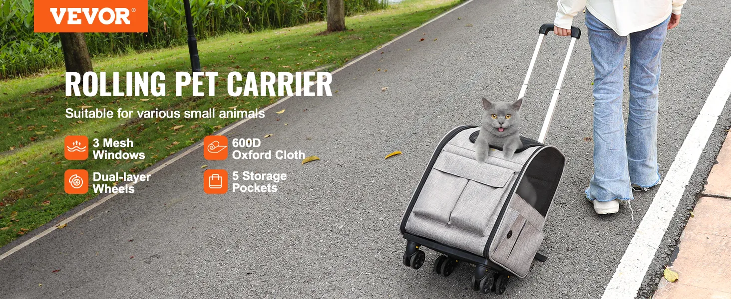 Dog Carrier with Wheels for Pets under 18 lbs VEVOR Cat Carrier with Wheels Grey with 1 Folding Bowl