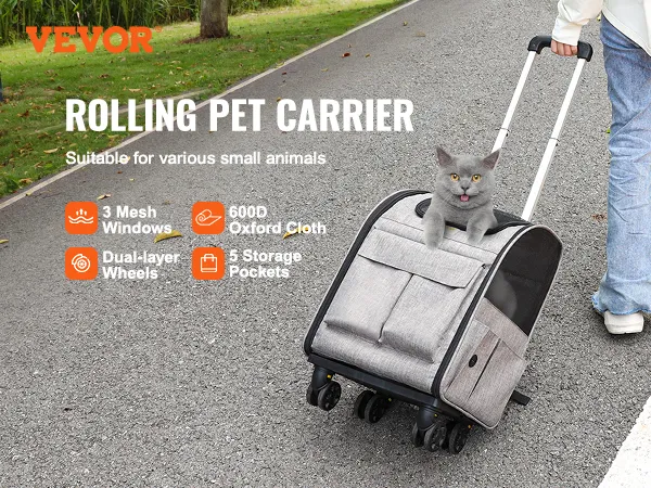 Dog Carrier with Wheels for Pets under 18 lbs VEVOR Cat Carrier with Wheels Grey with 1 Folding Bowl