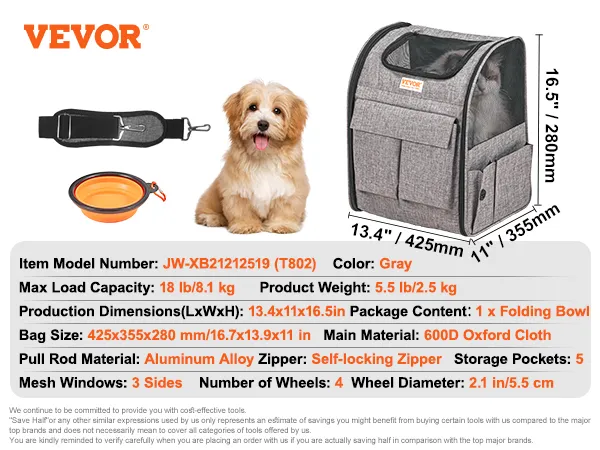 Dog Carrier with Wheels for Pets under 18 lbs VEVOR Cat Carrier with Wheels Grey with 1 Folding Bowl