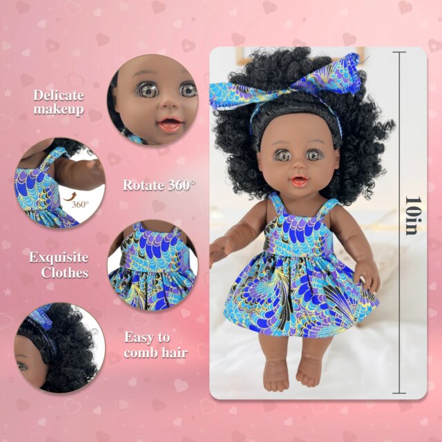 Black Baby Doll 10/12 inch American African Black Girl Doll with Dress Realistic Reborn Baby Doll For Kids Silicone Toys Gift - Image 2