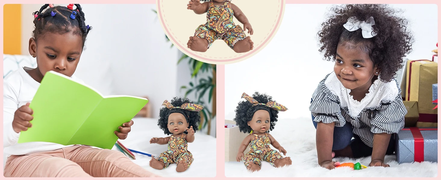 Black Baby Doll 10/12 inch American African Black Girl Doll with Dress Realistic Reborn Baby Doll For Kids Silicone Toys Gift