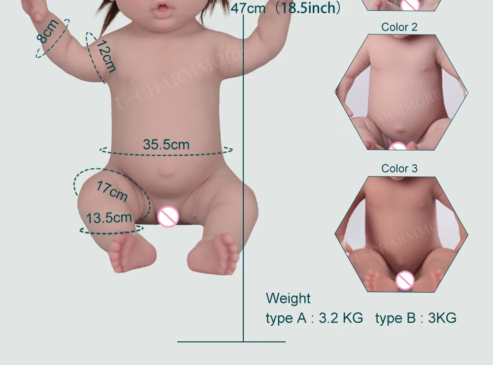 U-charmmore  47cm 2.8kg Full Body Silicone Reborn Baby Doll Bebe Reborn Silicona Realistic Girl Dolls for Children Toys Gift