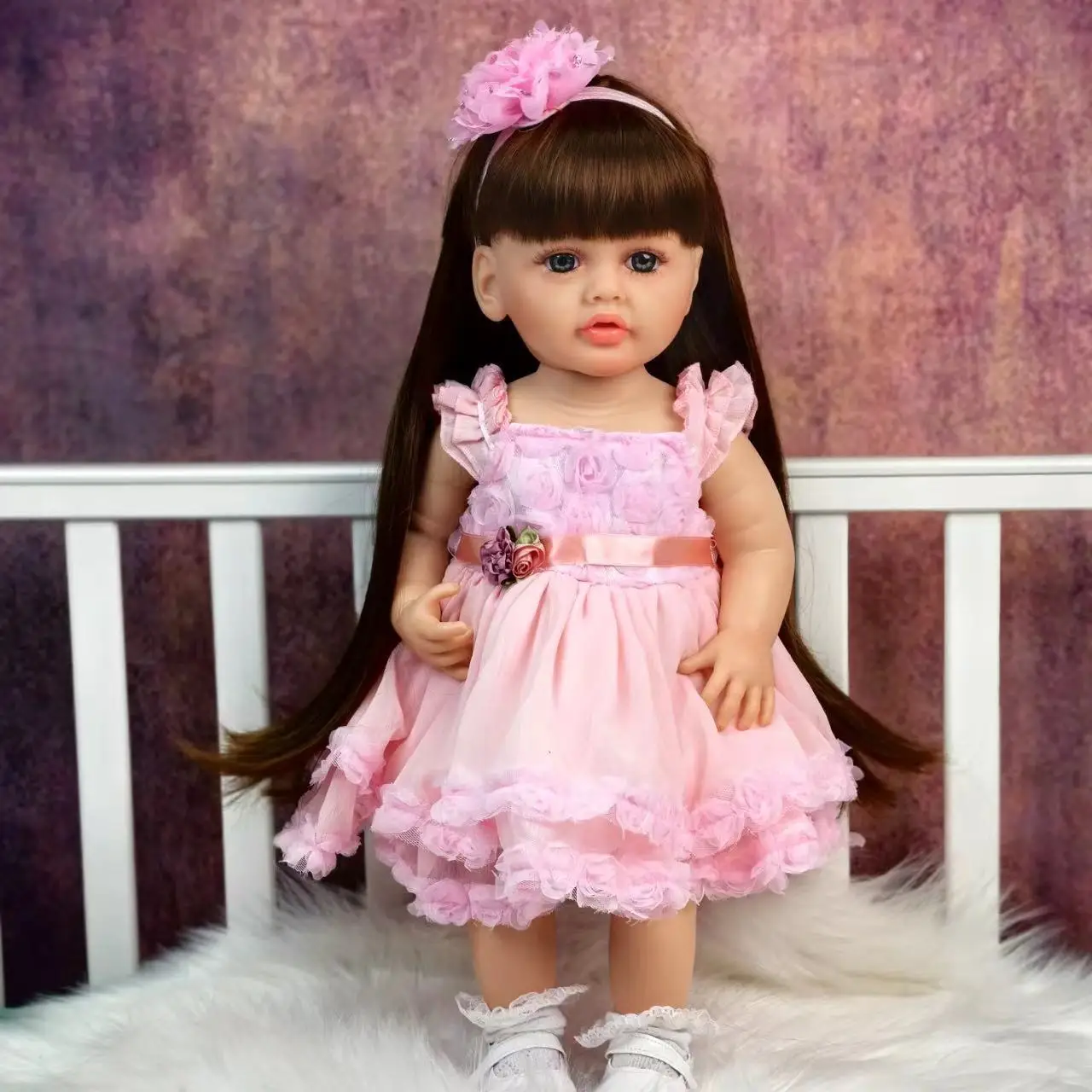 KEIUMI Reborn Baby Doll Realistic 55 cm Full Silicone Vinyl Body Long Brown Hair Reborn Doll Kids Playmates DIY Toy