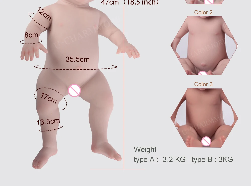 U-charmmore 47cm 2.8kg Boy Bebe Reborn doll Silicone Reborn  Baby for Children's Gifts Baby Shower Lifelike Reborn Baby Silicone