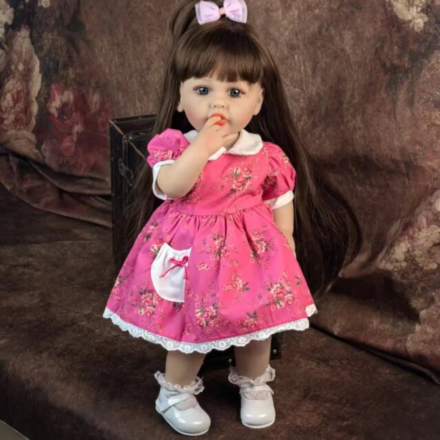 Full Silicone Girl Doll 55 cm Reborn Babies Doll Toys Brown hair Bebe Reborn Birthday Gifts For Child