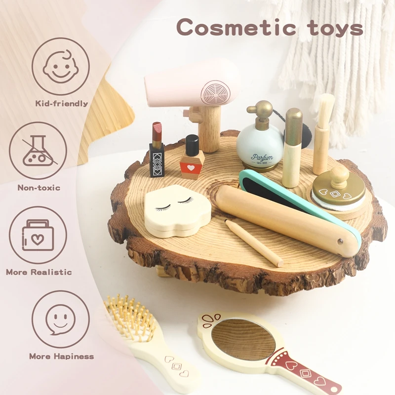 Children Wooden Cosmetic Toys Wooden Dresser Make-up Toys Simulation Makeup Baby Pretend Toy Girls Play House Beauty Fashion Toy