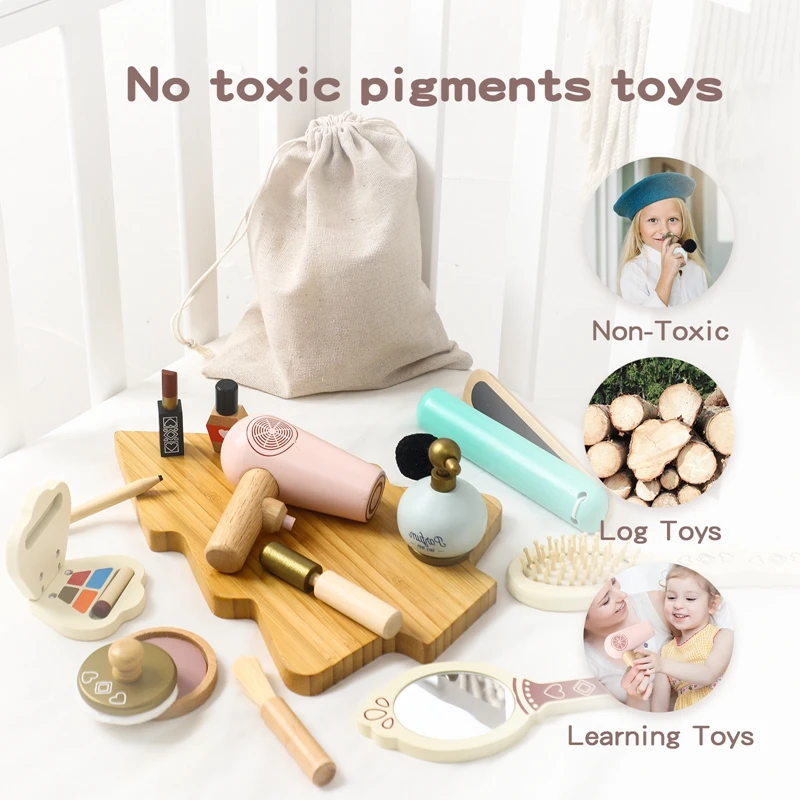 Children Wooden Cosmetic Toys Wooden Dresser Make-up Toys Simulation Makeup Baby Pretend Toy Girls Play House Beauty Fashion Toy