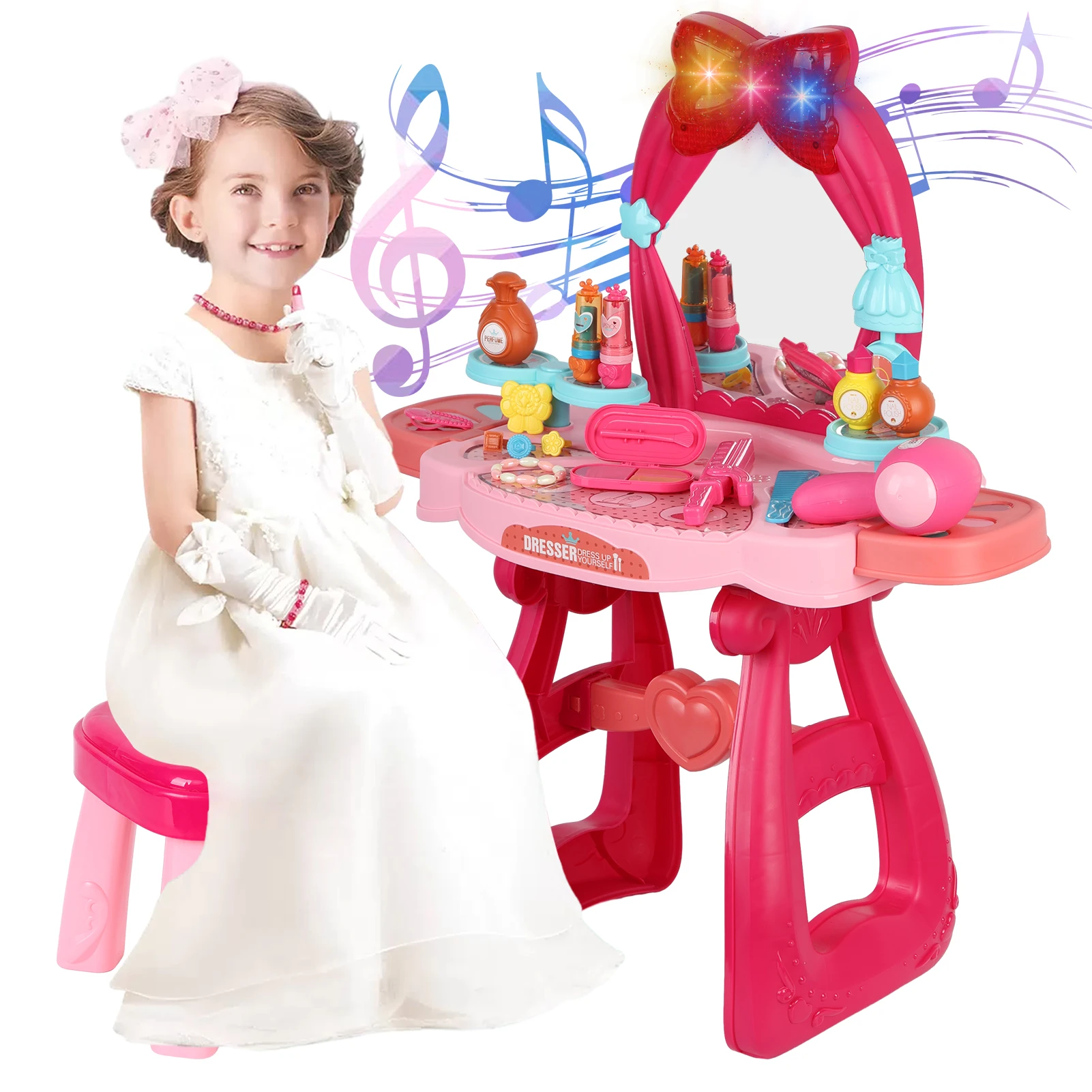 Children's induction music 36pcs kids dressing table toy girl simulation home makeup and makeup jewelry box baby birthday gift