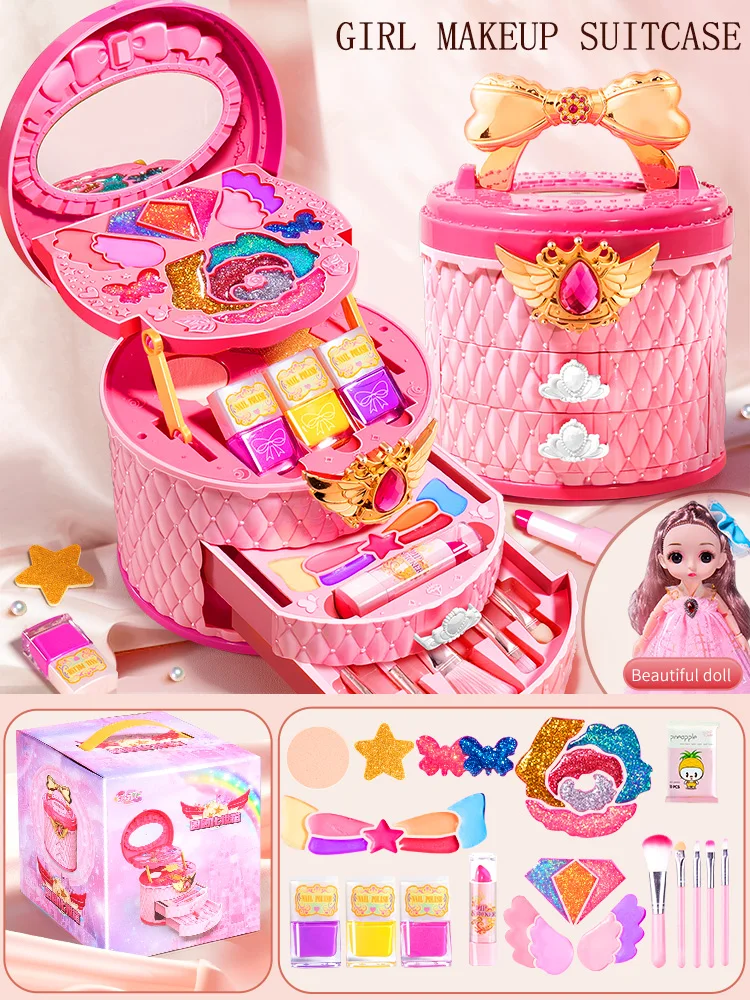 Girls Makeup Kit Baby Cosmetics Bag With Nail Polish Lipstick Non-toxic Games Pretend Play 6 Years Fashion Beauty Children Toy