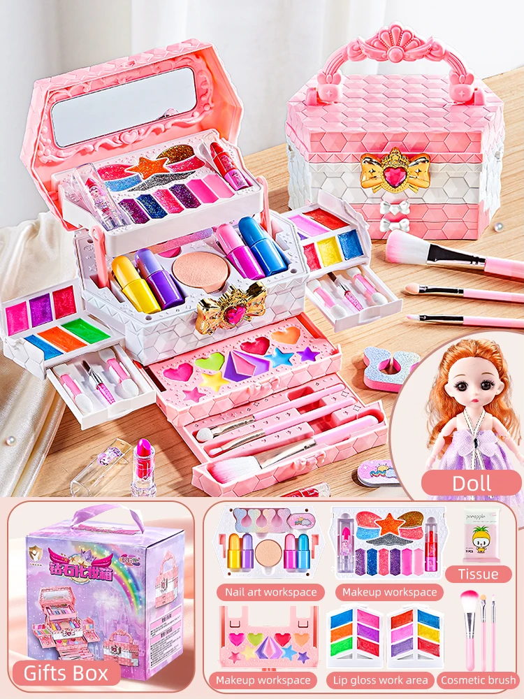 Girl Makeup Kit Simulation Cosmetics Suitcase Nail Polish Lipstick Box Role Play Beauty Fashion Toys For 6 Years Birthday Gifts