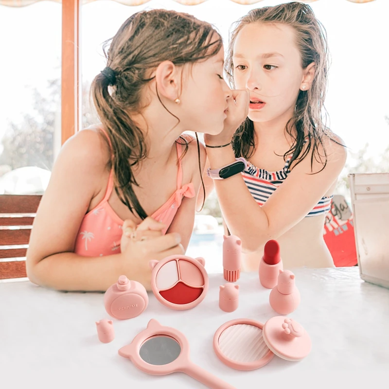 Kids Beauty Montessori Toys Girls Pretend Makeup Toy BPA Free Silicone Simulation Lipstick Eye Shadow Toy Girl Cosplay Game Gift