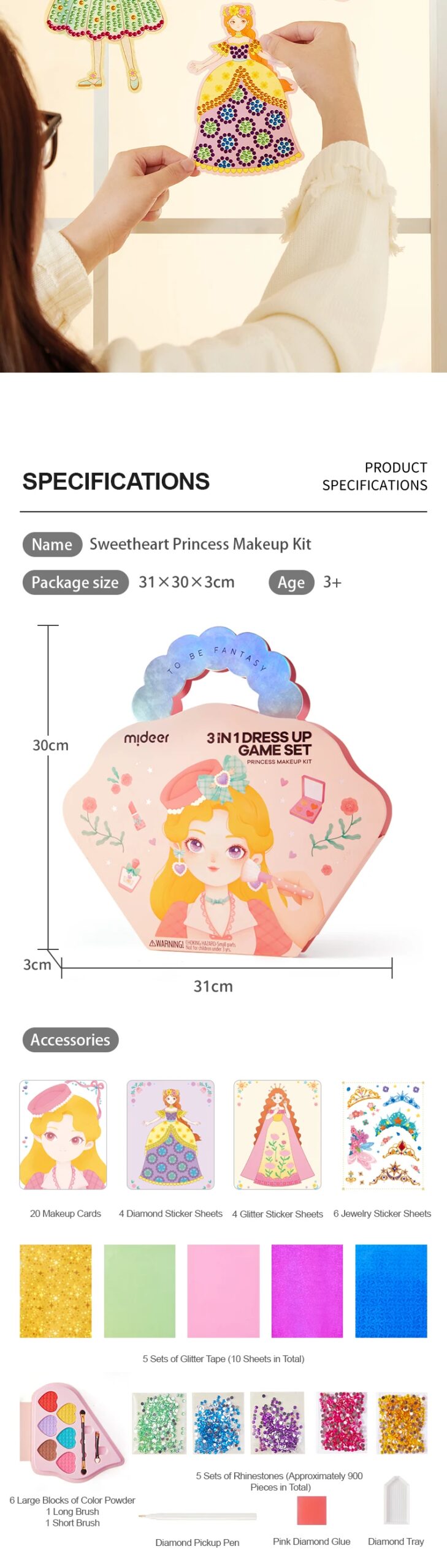 Mideer 3 In 1 Dress Up Game Set DIY Princess Fantasy Makeup Toys Drawing Outfit Changing Diamond Sticking For Kids Girls 3Y+