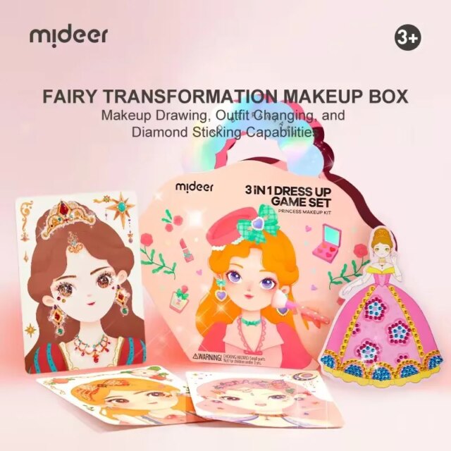 Mideer 3 In 1 Dress Up Game Set DIY Princess Fantasy Makeup Toys Drawing Outfit Changing Diamond Sticking For Kids Girls 3Y+