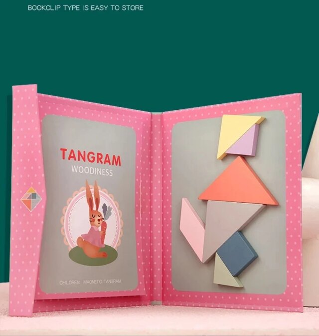 Kids Wooden Jigsaw Magnetic Tangram Puzzle Book Educational Toys Children Portable Montessori Learning Intelligence Baby Gift - Image 2