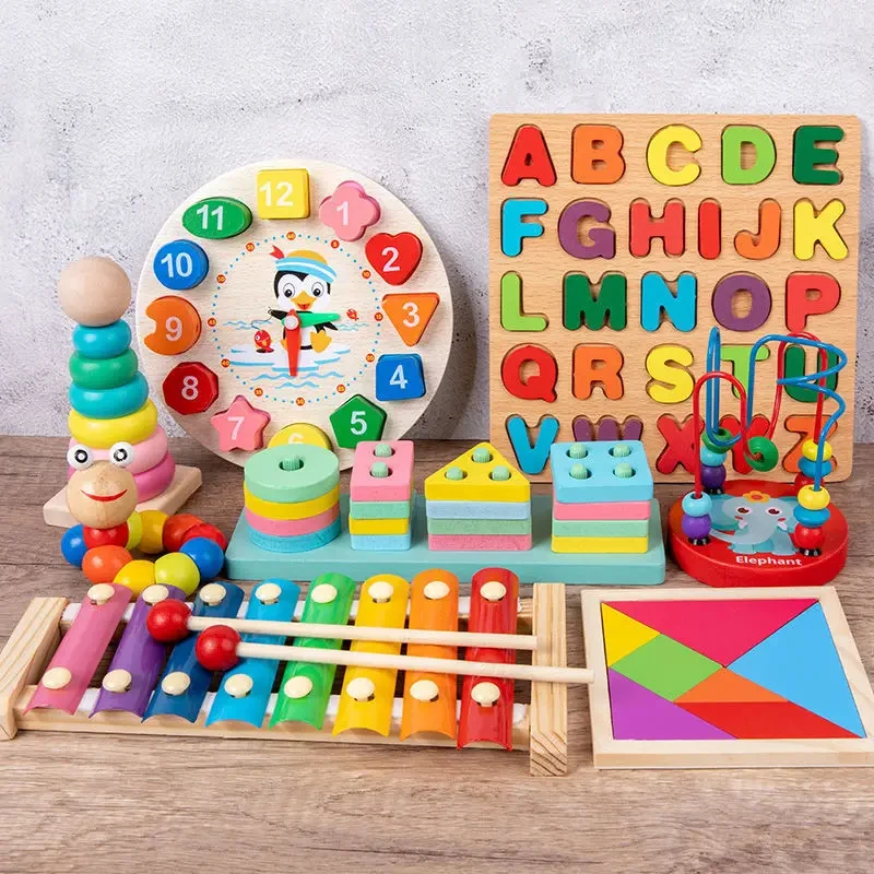 Montessori Wooden Education Toys Baby Rattle Toys Learning Games For Childern 1 to 2 Years Old Development Toys Jigsaw Puzzle