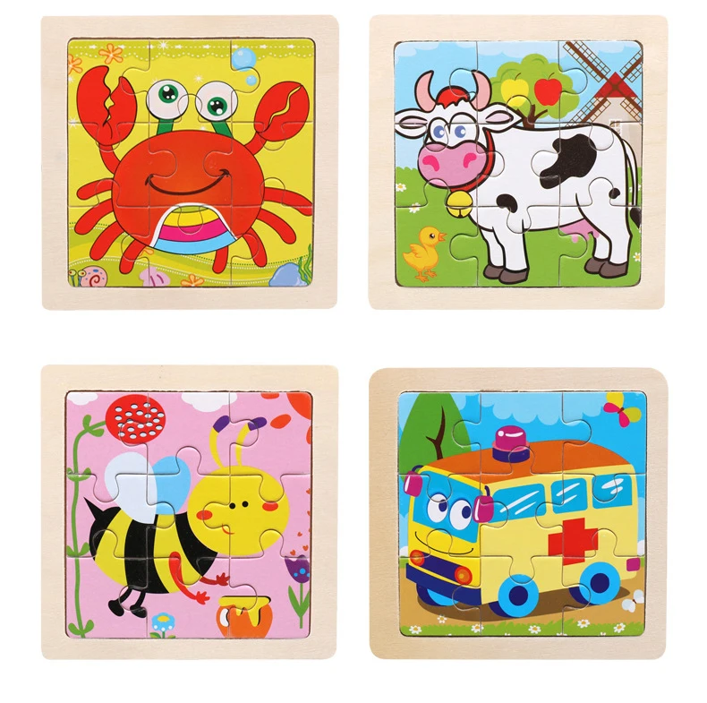 11x11cm Baby Montessori Toys Wooden Puzzle Cartoon Animal Fruit Vehicle 3d Puzzle Game Educational Jigsaw Toys For Children