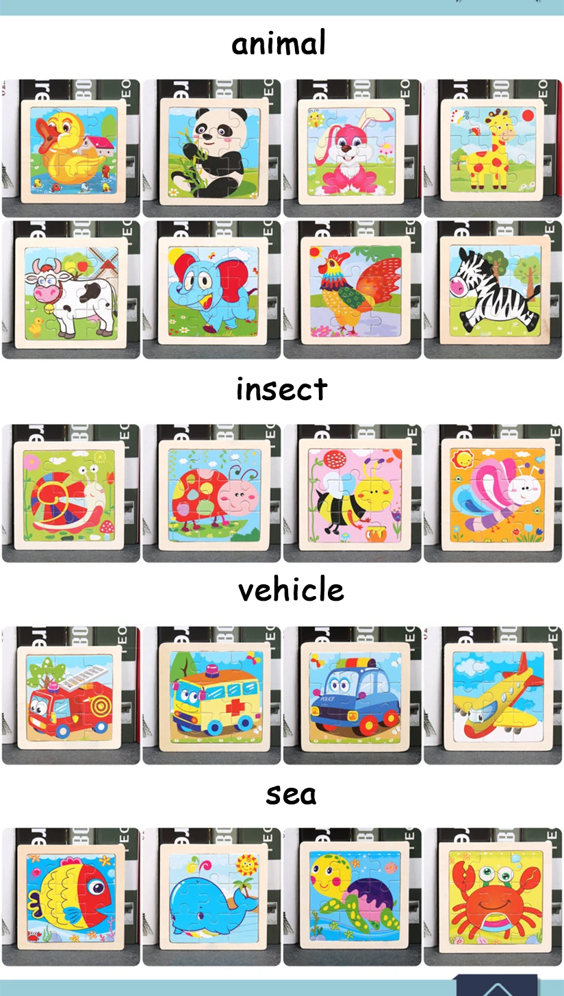 11x11cm Baby Montessori Toys Wooden Puzzle Cartoon Animal Fruit Vehicle 3d Puzzle Game Educational Jigsaw Toys For Children