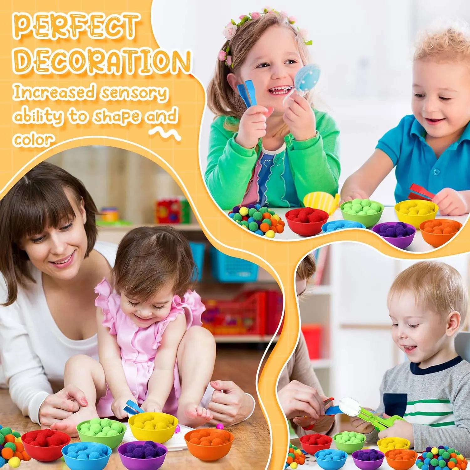 3 year Old  Children's Rainbow Counting Pompoms Toys Sorting Cup Montessori Sensory Toys Preschool Learning Activities Math Toys