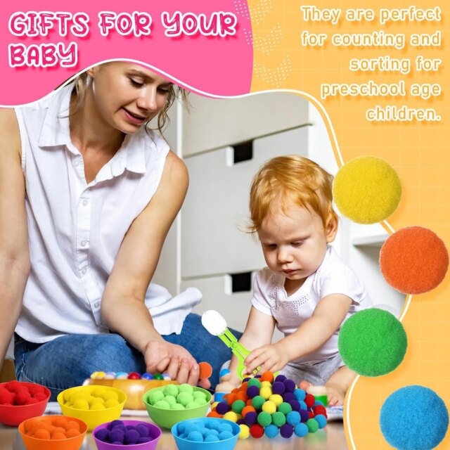 3 year Old  Children's Rainbow Counting Pompoms Toys Sorting Cup Montessori Sensory Toys Preschool Learning Activities Math Toys - Image 6