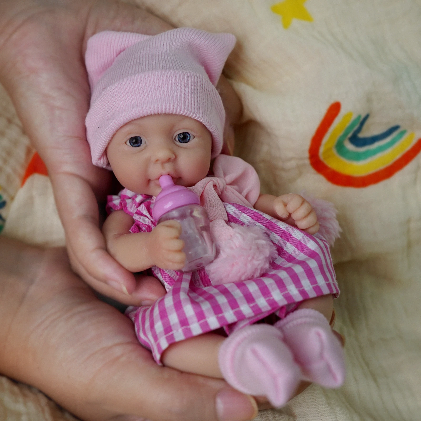 Reborn Baby Doll - 7 Inch Mini Silicone Realistic Newborn Baby Doll, Washable Baby with Feeding Kit-Pink