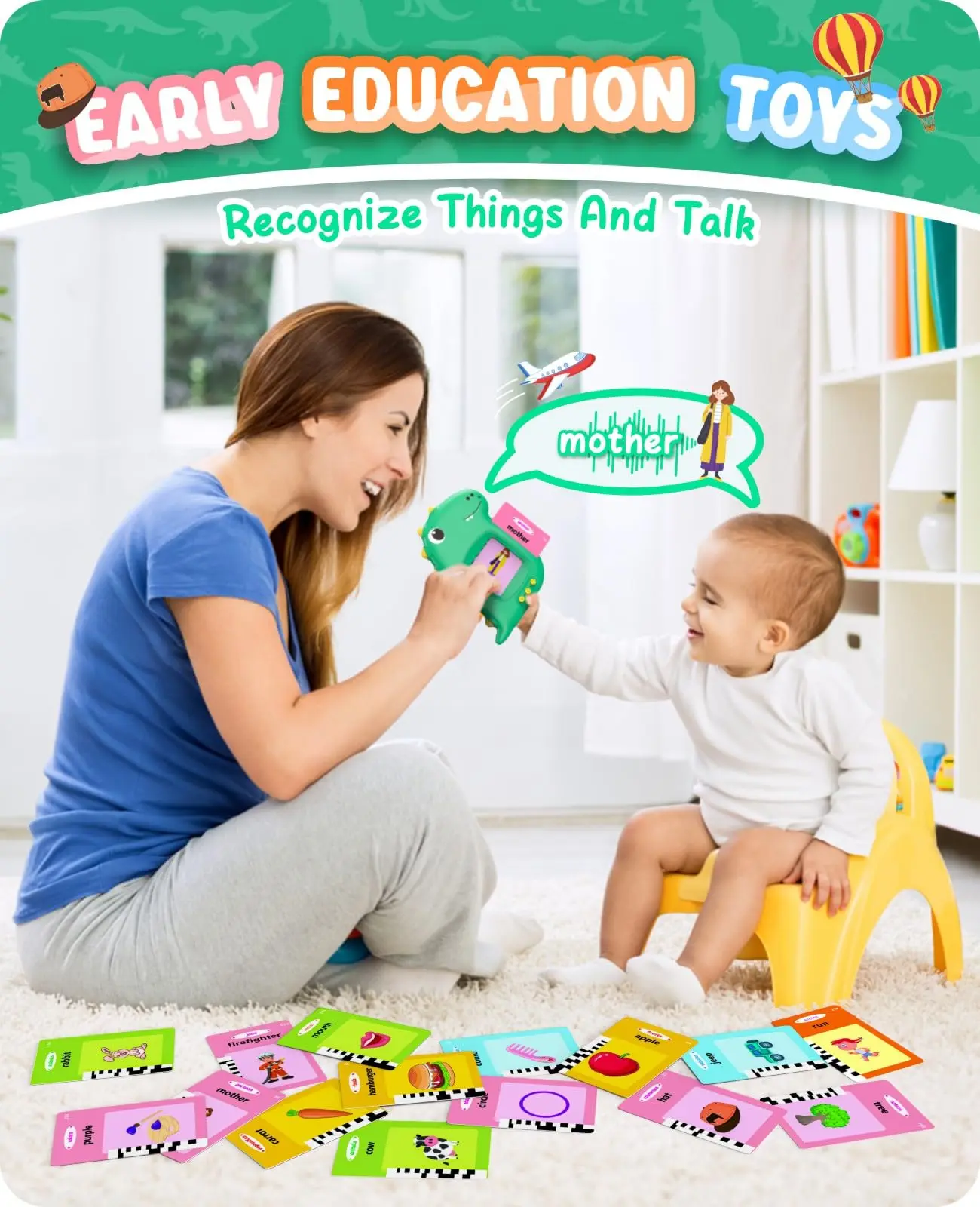 Talking Flash Card Learning Educational Toy, 224 Words 112 Double Sided Dinosaur Montessori Toys, Preschool SensoryToys For Kids