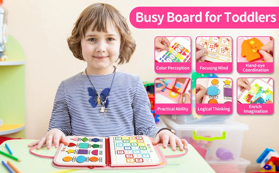 TUNJILOOL Montessori Parish Toys Busy Board Early Educational Toy For Toddler Baby Felt Cloth Story Book 3D Shape Color Match