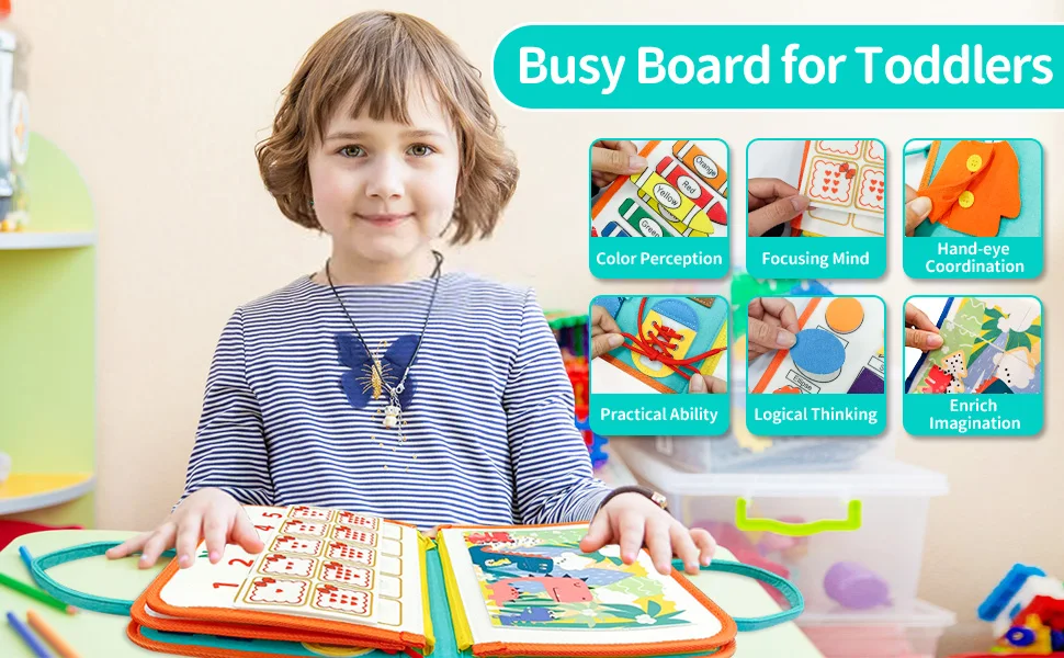 TUNJILOOL Montessori Parish Toys Busy Board Early Educational Toy For Toddler Baby Felt Cloth Story Book 3D Shape Color Match