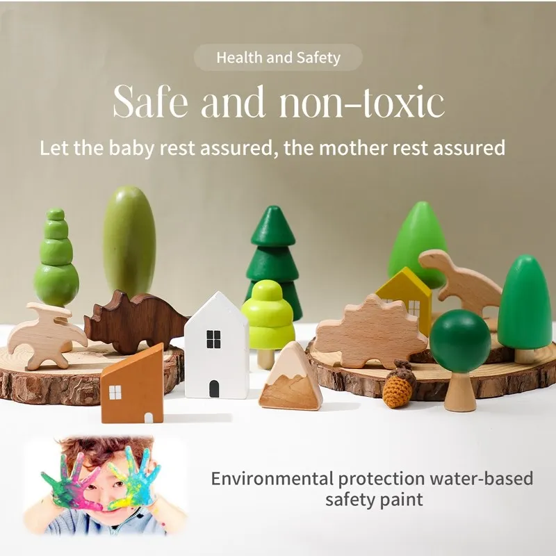 Wooden Building Block Toy for Kids Dinosaur Natural Simulation Tree DIY Coloring Stacking Educational Toy Montessori Puzzle Game