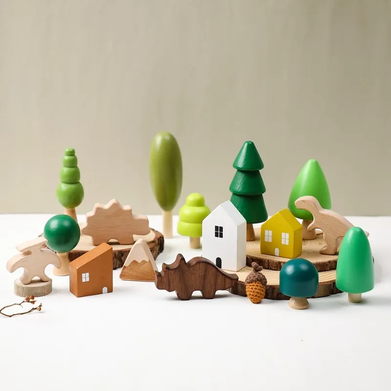 Wooden Building Block Toy for Kids Dinosaur Natural Simulation Tree DIY Coloring Stacking Educational Toy Montessori Puzzle Game