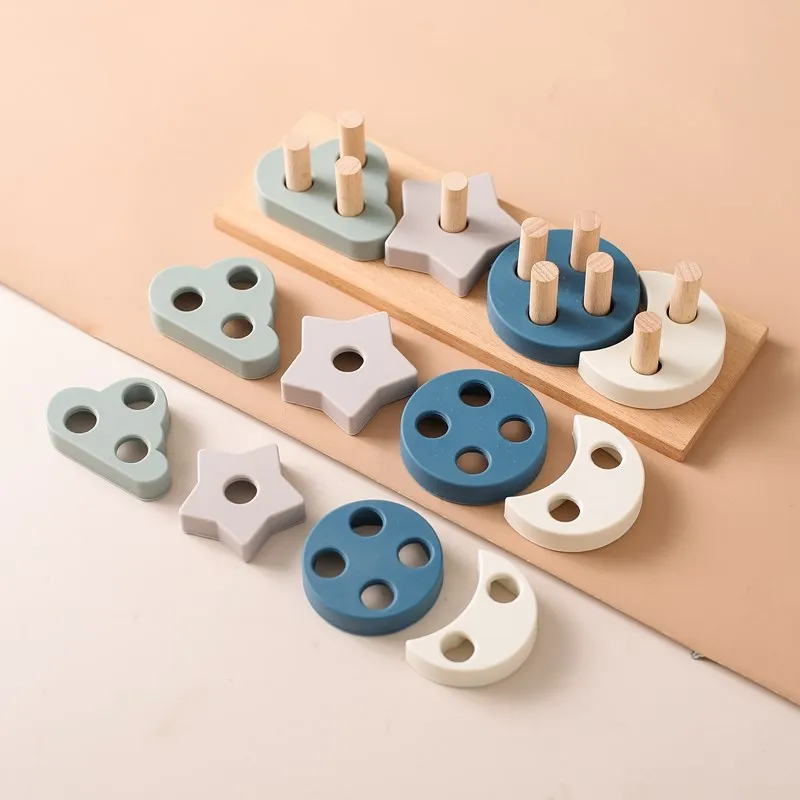 Silicone Geometric Shape Sleeve Column Blocks Wooden Base Baby Color Cognition Montessori Educational Stacking Toys for Children