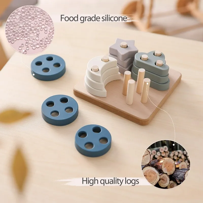 Silicone Geometric Shape Sleeve Column Blocks Wooden Base Baby Color Cognition Montessori Educational Stacking Toys for Children