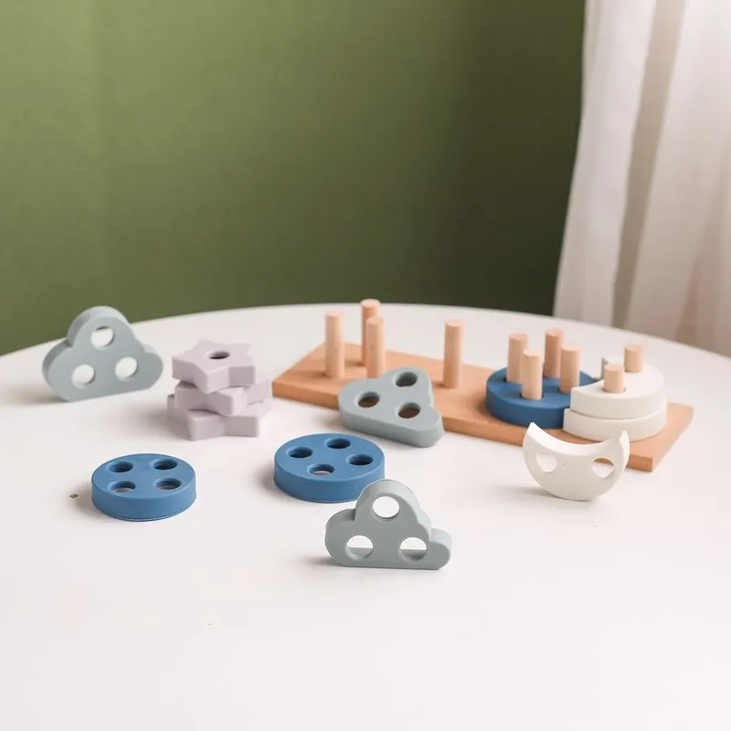 Silicone Geometric Shape Sleeve Column Blocks Wooden Base Baby Color Cognition Montessori Educational Stacking Toys for Children