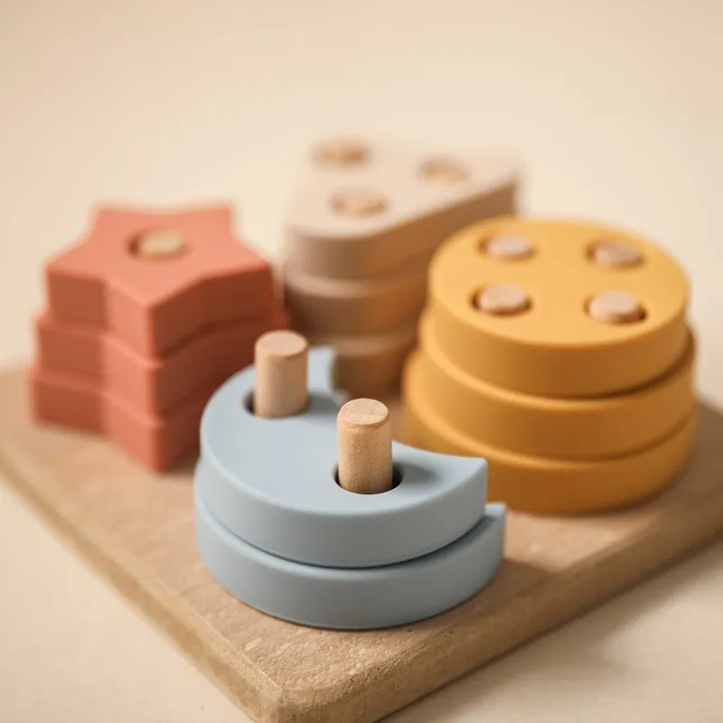 Silicone Geometric Shape Sleeve Column Blocks Wooden Base Baby Color Cognition Montessori Educational Stacking Toys for Children